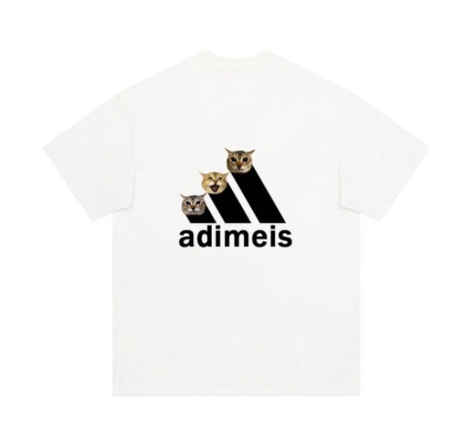 White t-shirt with parody logo made of three cat heads, text adimeis