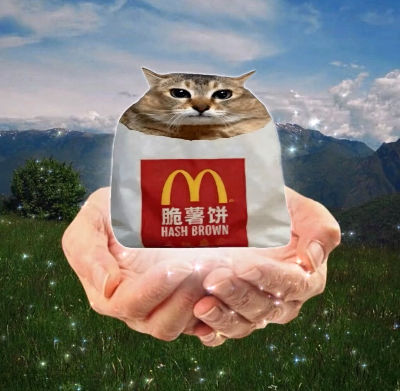 Plush cat toy styled as a McDonald's hash brown bag, held in cupped hands