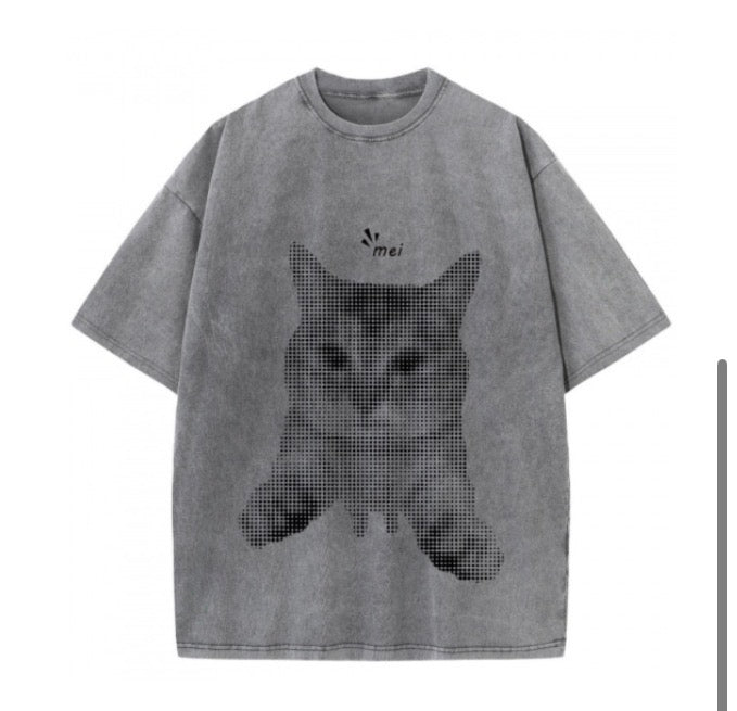 Black t-shirt with cat in McDonald's hash brown bag graphic