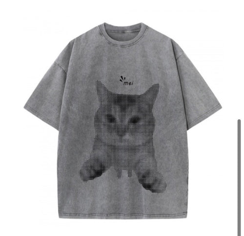 Black t-shirt with cat in McDonald's hash brown bag graphic